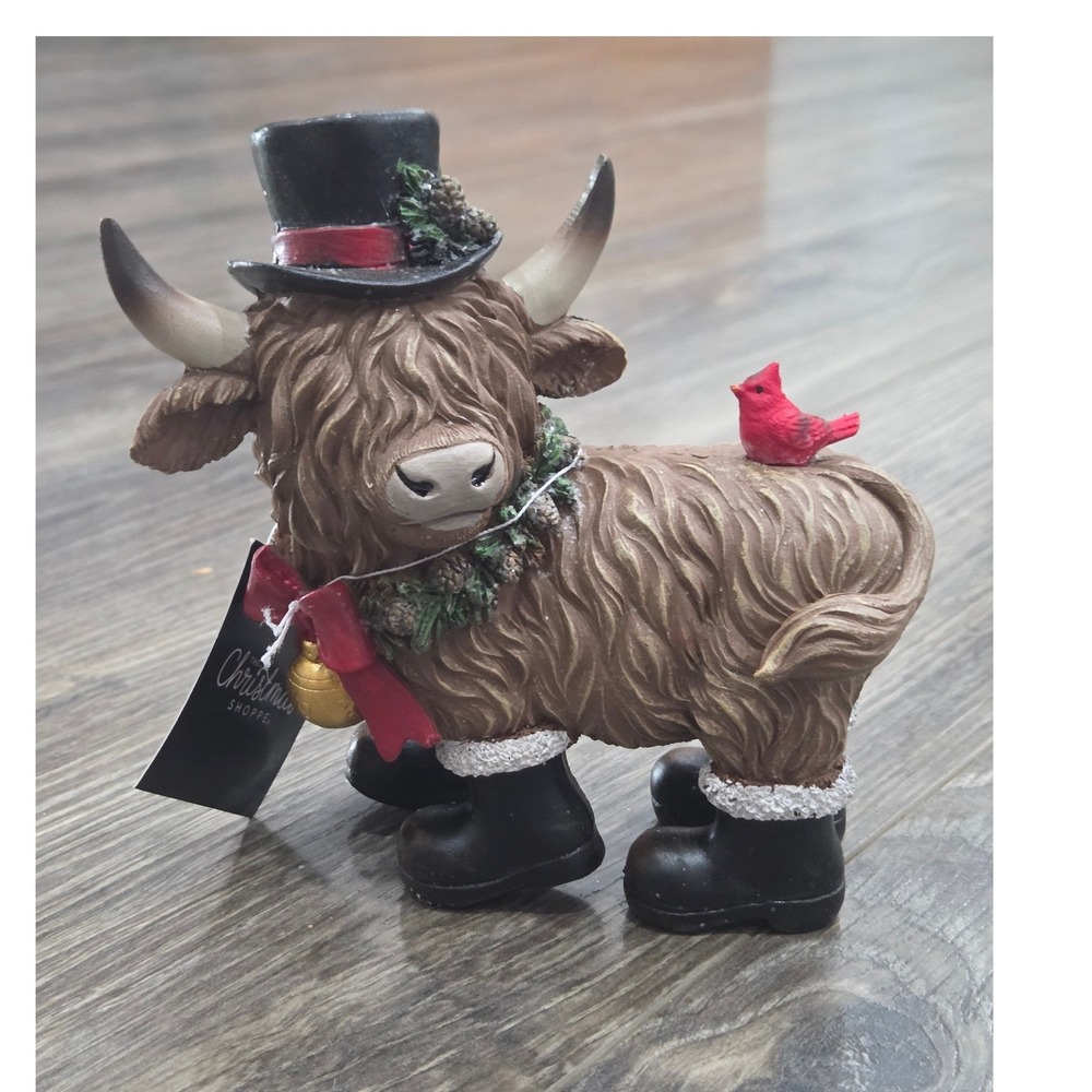 Highland Cow Christmas‎ Figurine Cardinal Top Hat Boots Holiday Decor Novelty